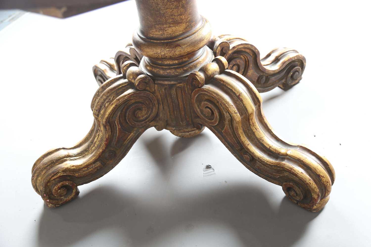 A 19th century giltwood table base with a later removable top, the base carved with scrolling legs - Image 8 of 10
