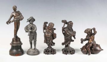 A pair of 19th century Chinese hardwood and wire inlaid figures of sages, height 20cm, together with