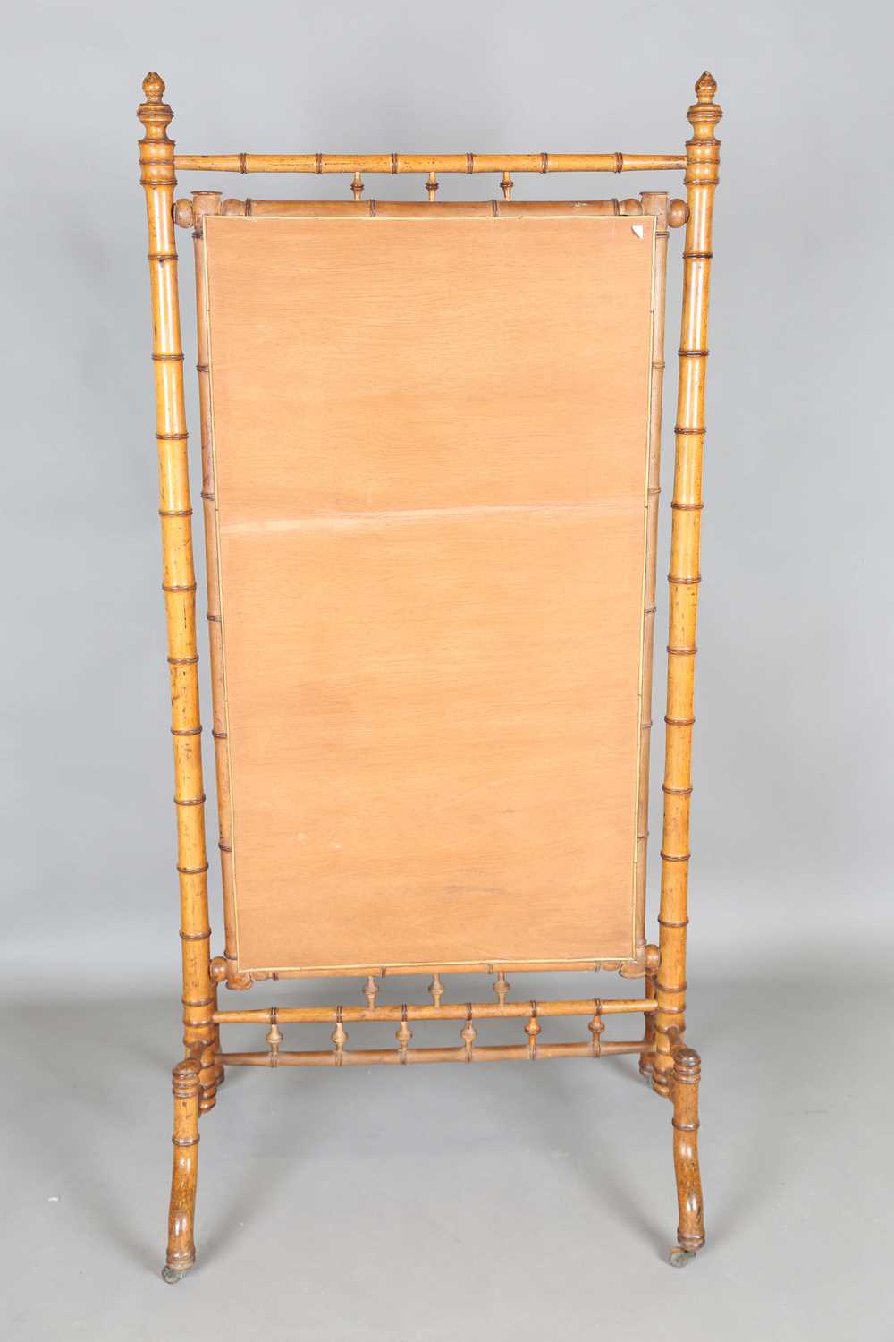 A late 19th century French pitch pine faux bamboo cheval mirror, height 182cm, width 86cm. - Image 9 of 10
