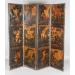 A 19th century painted leather four-fold draught screen, decorated with overall figural scenes