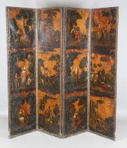 A 19th century painted leather four-fold draught screen, decorated with overall figural scenes