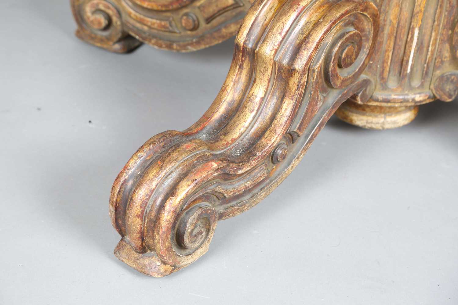 A 19th century giltwood table base with a later removable top, the base carved with scrolling legs - Image 4 of 10