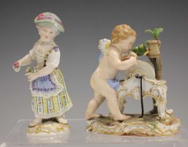 A Meissen porcelain figure group, late 19th century, modelled as Cupid sharpening arrows on a