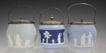 Three Wedgwood plate mounted Jasperware biscuit barrels and covers, late 19th century, one with