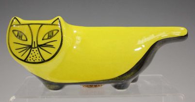 A Baldelli Italian pottery money box in the form of a cat, mid-20th century, yellow glazed with