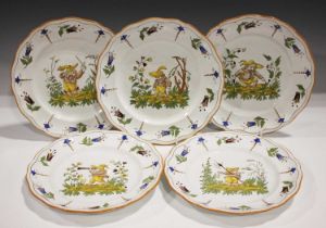 A set of five Keller & Guerin Luneville faience plates, late 19th/early 20th century, each decorated