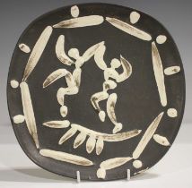 A Pablo Picasso white earthenware Two Dancers round/square plate, circa 1956, decorated in low