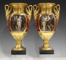 A pair of Paris porcelain gilt ground vases, first half 19th century, each painted with a sepia