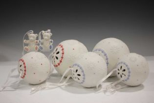 Five Wedgwood Jasperware Christmas bauble decorations, spherical with snowflake decoration and