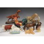 A group of pottery animals, including a Beswick Hereford Bull ‘Ch of Champions’, No. 1363A, Cockerel