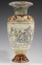 A Royal Doulton stoneware vase, decorated by Hannah Barlow, monogrammed, with a continuous scene