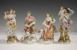A pair of Derby porcelain figures of musicians, late 18th century, he accompanied by a dog, she a