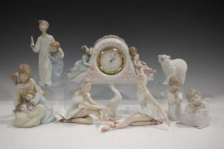 A Lladro Two Sisters mantel timepiece, No. 5776, eight other pieces of Lladro, including Little
