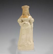 A Doulton & Watts Lambeth stoneware Queen Caroline figural gin flask, early 19th century, the figure