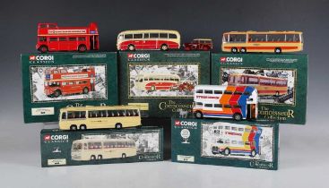 Twelve Corgi Classics The Connoisseur Collection buses and coaches, including No. 36501 Bartons
