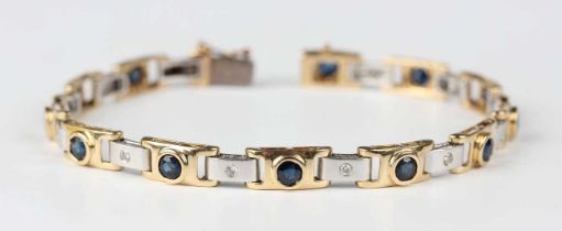 A two colour gold, sapphire and diamond bracelet, collet set with circular cut sapphires alternating