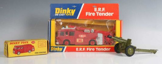 A Dinky Toys No. 259 fire engine, boxed, a No. 266 ERF fire tender, within a window box, and a field