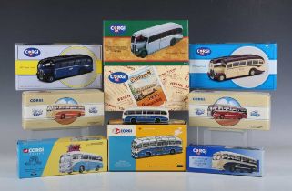 Twenty-eight Corgi Classics coaches and buses in various liveries, comprising thirteen Burlingham,