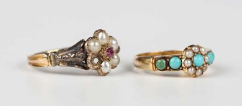 A Victorian gold, turquoise and seed pearl ring, mounted with a turquoise within a surround of