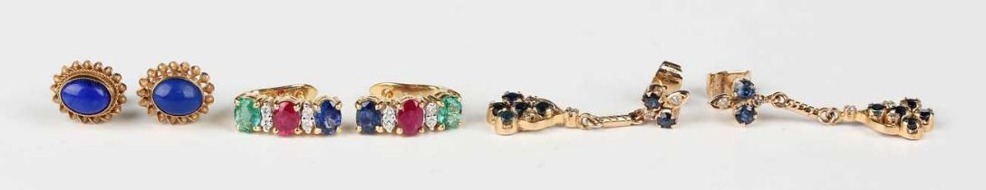 A pair of gold, diamond and varicoloured gem set earrings, detailed ‘18K’, weight 3.7g, length 1.
