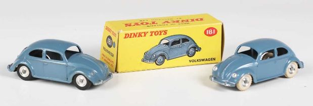 A Dinky Toys No. 181 Volkswagen in blue with spun hubs, within correct colour spot box (some