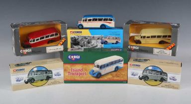 Twenty Corgi and Corgi Classics Bedford OB and Leyland Tiger coaches in various liveries, all