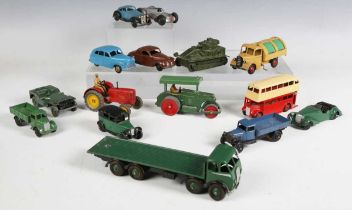 Fourteen Dinky Toys and Supertoys vehicles, including No. 502 Foden flat truck, first type, in