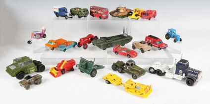 A collection of Matchbox vehicles, including Superfast No. 42 Mercedes container truck, No. 1