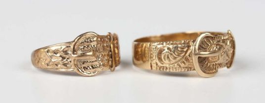 A 9ct gold ring in a buckle and strap design, marks rubbed, ring size approx U, and another 9ct gold