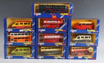 A collection of Corgi Classic buses, double decker buses and coaches, including C858/6 Thornycroft J