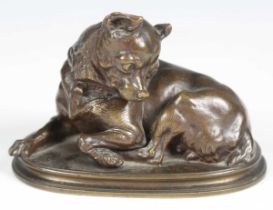 Paul Gayrard - a 19th century French brown patinated cast bronze model of a recumbent Chihuahua,
