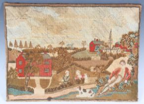 A mid-Victorian woolwork panel depicting a countryside landscape scene, 36cm x 50cm.