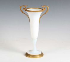 A late 19th century white opaline glass and ormolu mounted two-handled vase, height 28cm.