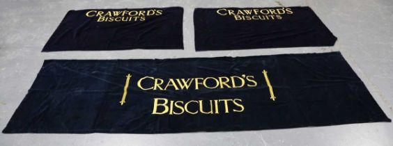 A set of three mid-20th century blue velvet 'Crawfords Biscuits' advertising drapes, size of