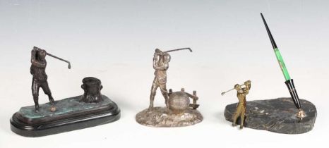 A 20th century plated cast metal novelty inkwell in the form of a golfer in full-swing, height 13cm,