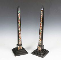 A pair of late Victorian Derbyshire slate and pietra dura inlaid ornamental obelisks, raised on