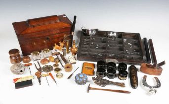 A large mixed group of collectors' items, including a Mauchline ware needlecase, a papier-mâché