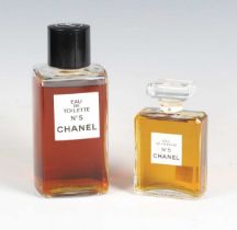 A bottle of Chanel No. 5 eau de toilette and a 100ml bottle of Chanel No. 5 eau de parfum.
