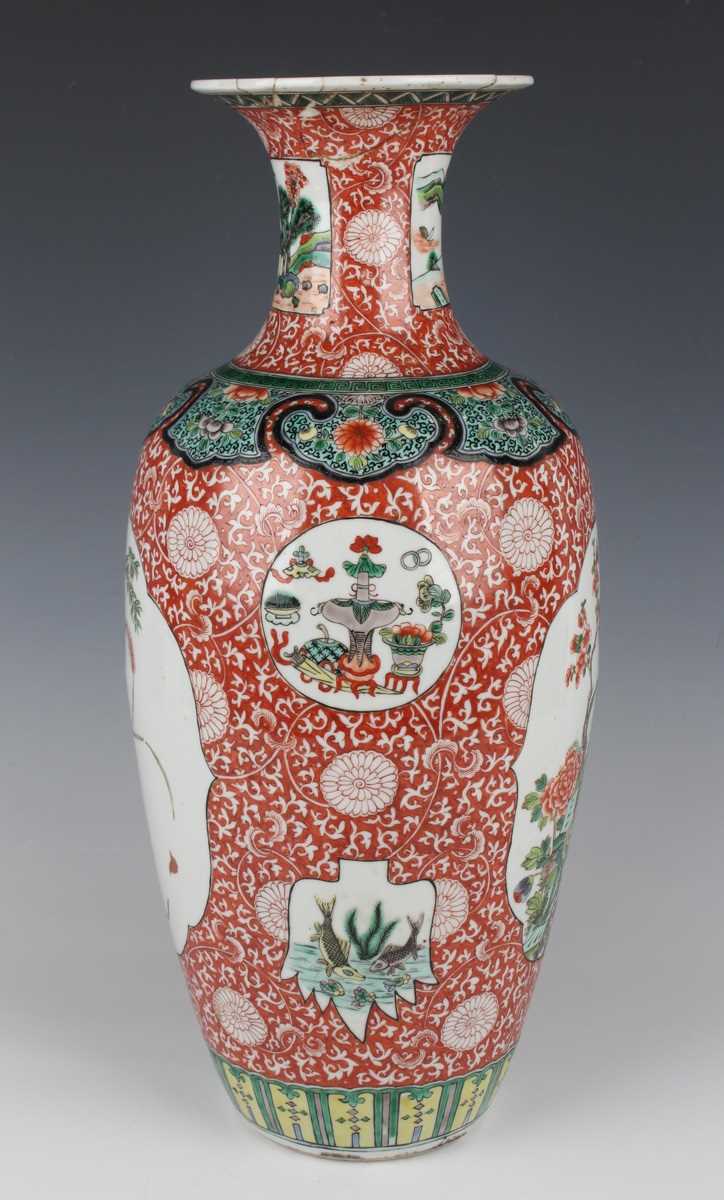 A Chinese famille verte porcelain vase, late Qing dynasty of shouldered tapering form with flared - Image 2 of 16