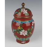 A Chinese cloisonné jar and cover, 20th century, of ovoid form, the domed cover with knop finial,