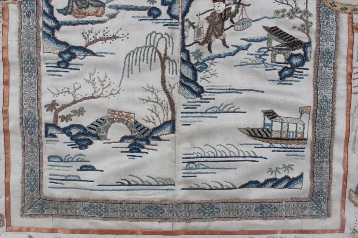 A Chinese embroidered cream silk sleeve panel, late Qing dynasty, each panel stitched together, - Image 12 of 19