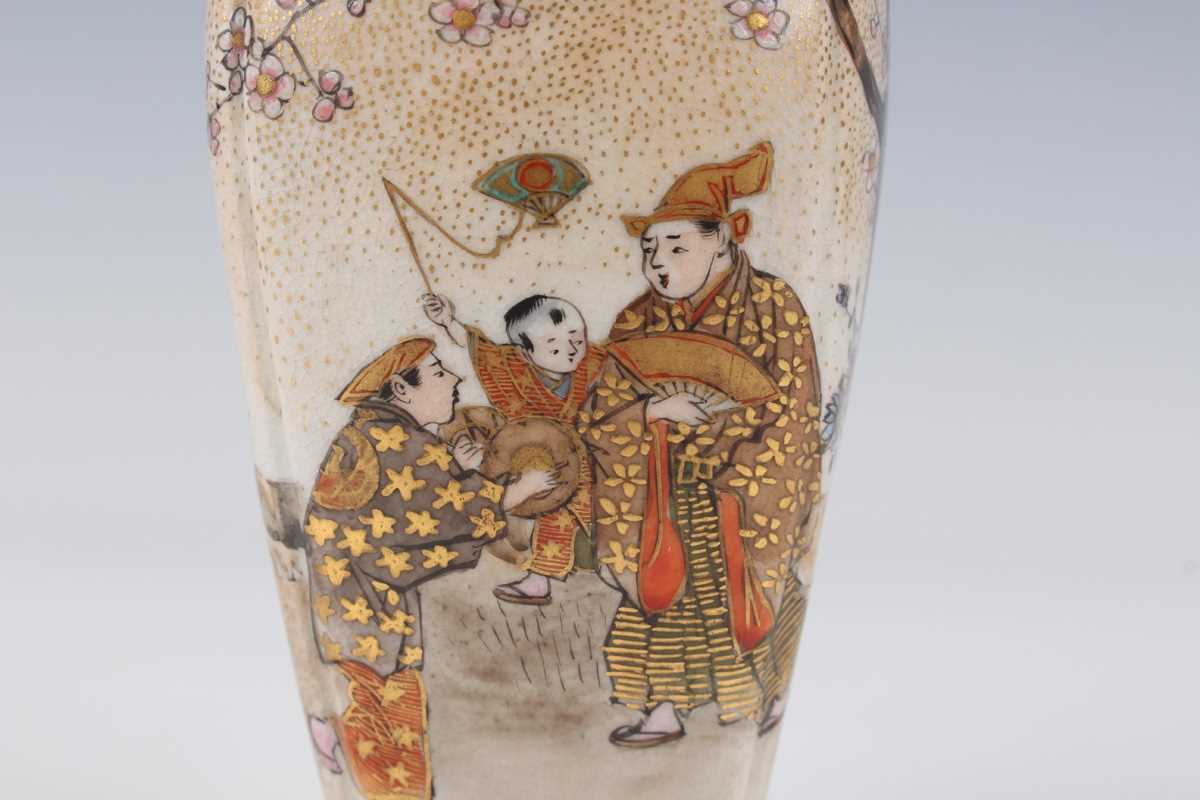 A pair of Japanese Satsuma earthenware vases by Kozan, Meiji period, each of rounded square tapering - Image 16 of 23