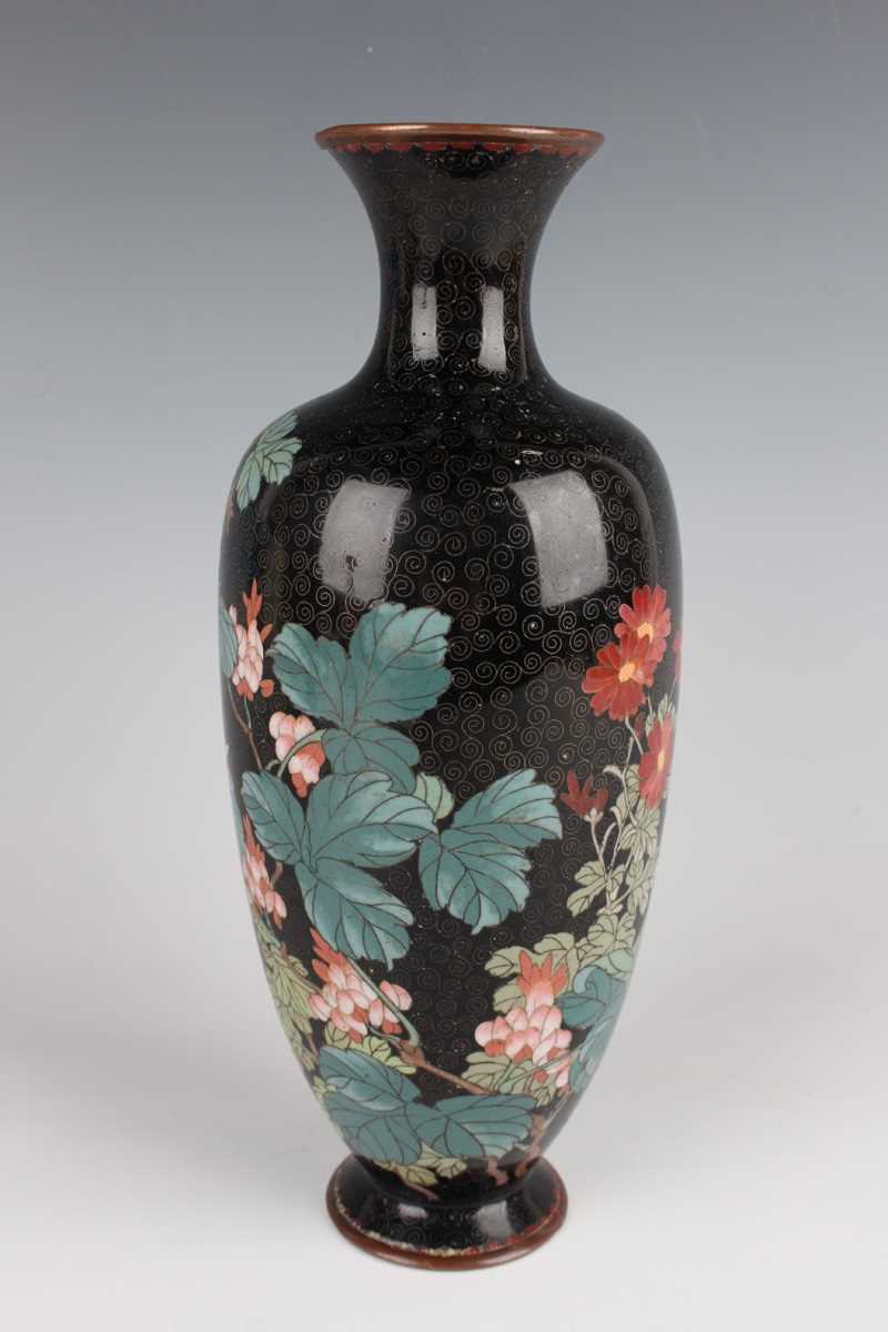 A pair of Japanese cloisonné vases, Meiji period, each elongated ovoid body decorated with flowering - Image 15 of 19