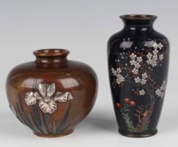 A Japanese brown patinated bronze and mixed metal decorated vase by Asada, Meiji period, of squat