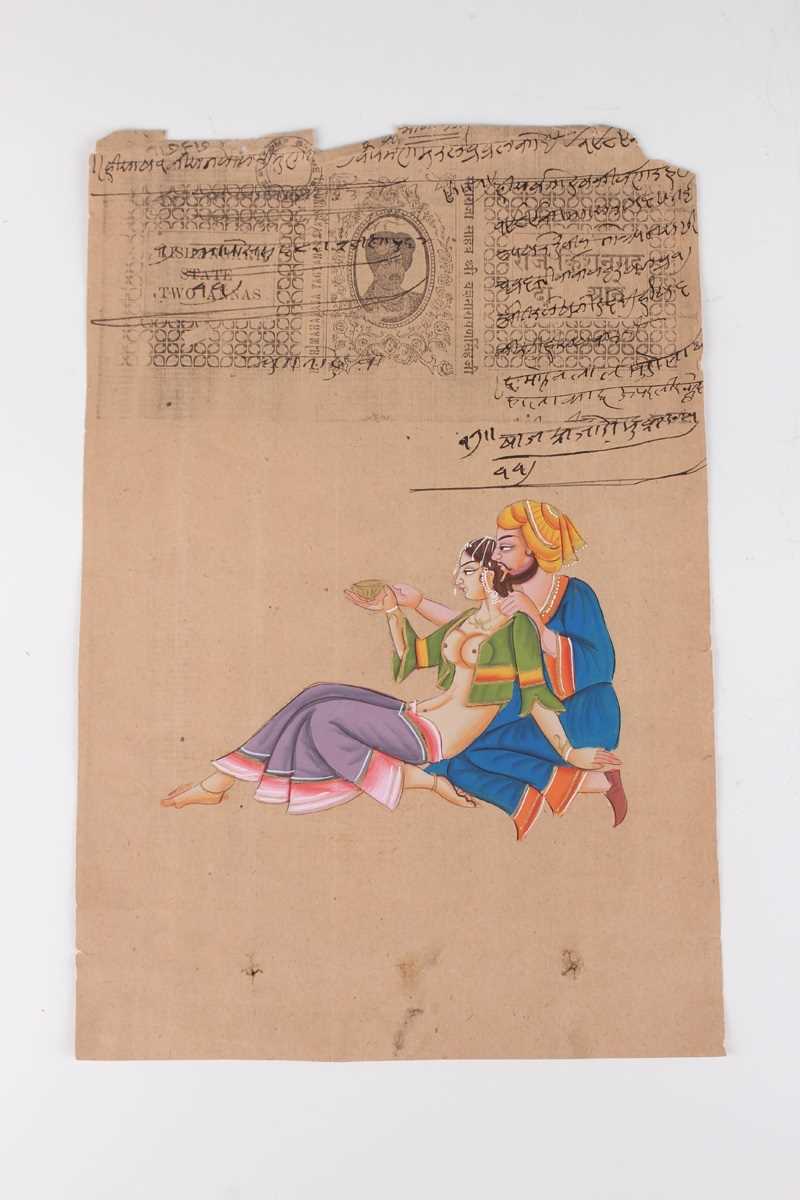 An Indian miniature watercolour and gouache painting on a Jaipur Government one rupee revenue - Image 19 of 40