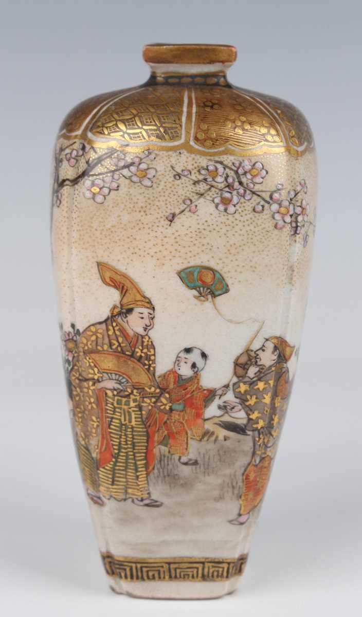 A pair of Japanese Satsuma earthenware vases by Kozan, Meiji period, each of rounded square tapering - Image 2 of 23