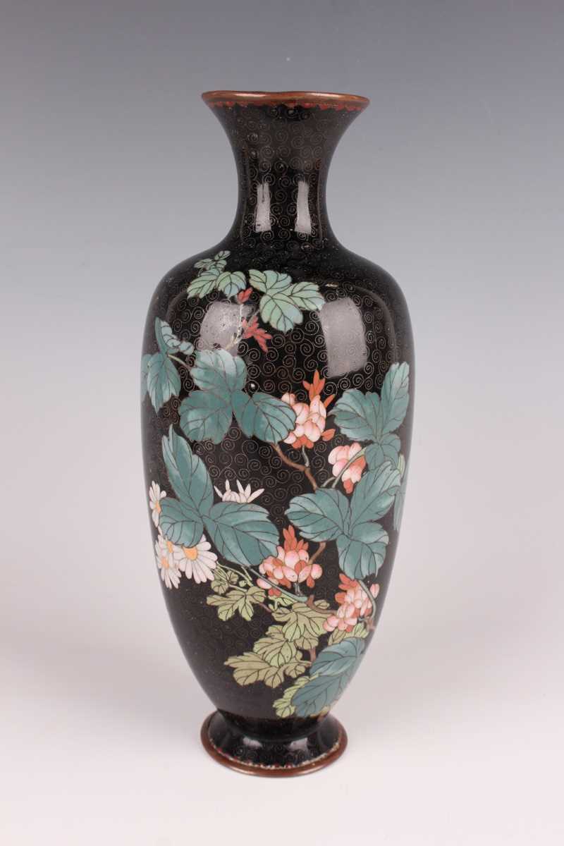 A pair of Japanese cloisonné vases, Meiji period, each elongated ovoid body decorated with flowering - Image 11 of 19