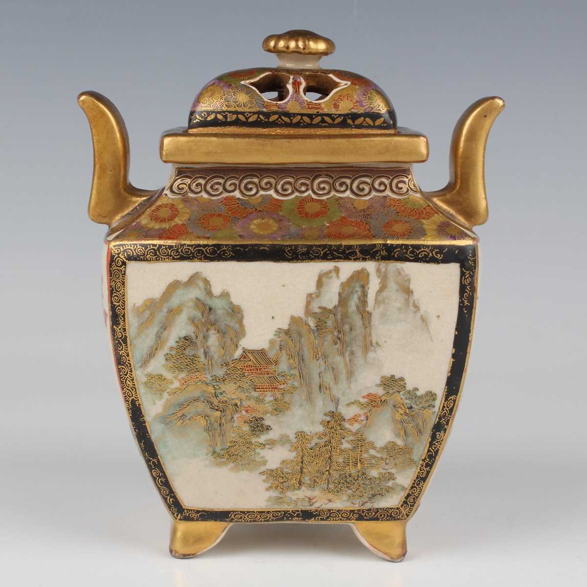 A Japanese Satsuma earthenware koro and cover by Zenkozan, Meiji period, the swollen rectangular - Image 5 of 15