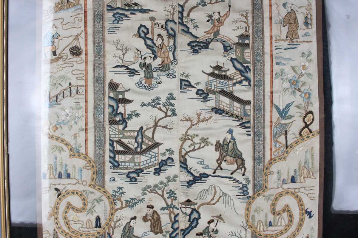 A Chinese embroidered cream silk sleeve panel, late Qing dynasty, each panel stitched together, - Image 4 of 19