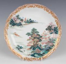 A Chinese famille rose export porcelain decagonal dish, Qianlong period, the centre painted with a